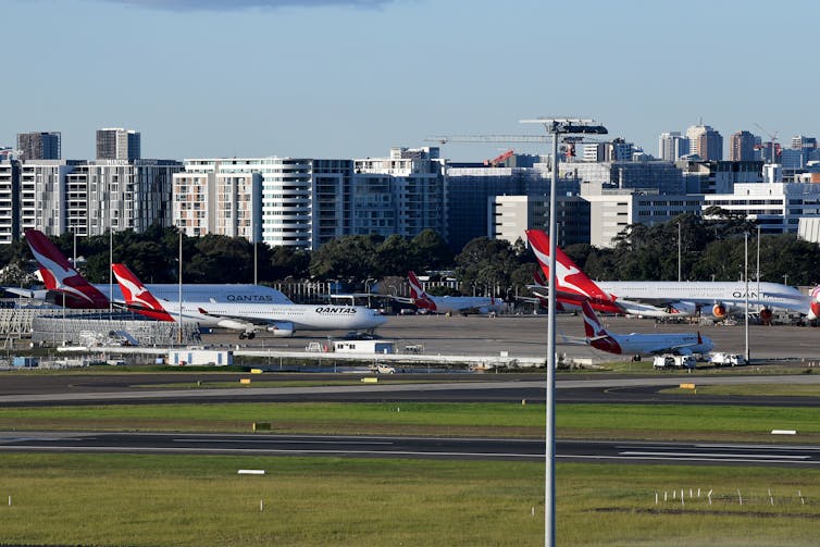 Grounded Qantas planes against Sydney skyline.
